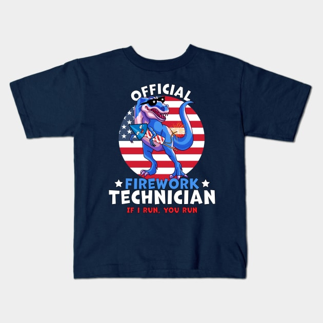 Official Firework Technician 4th of July Dinosaur T-rex Kids T-Shirt by OrangeMonkeyArt